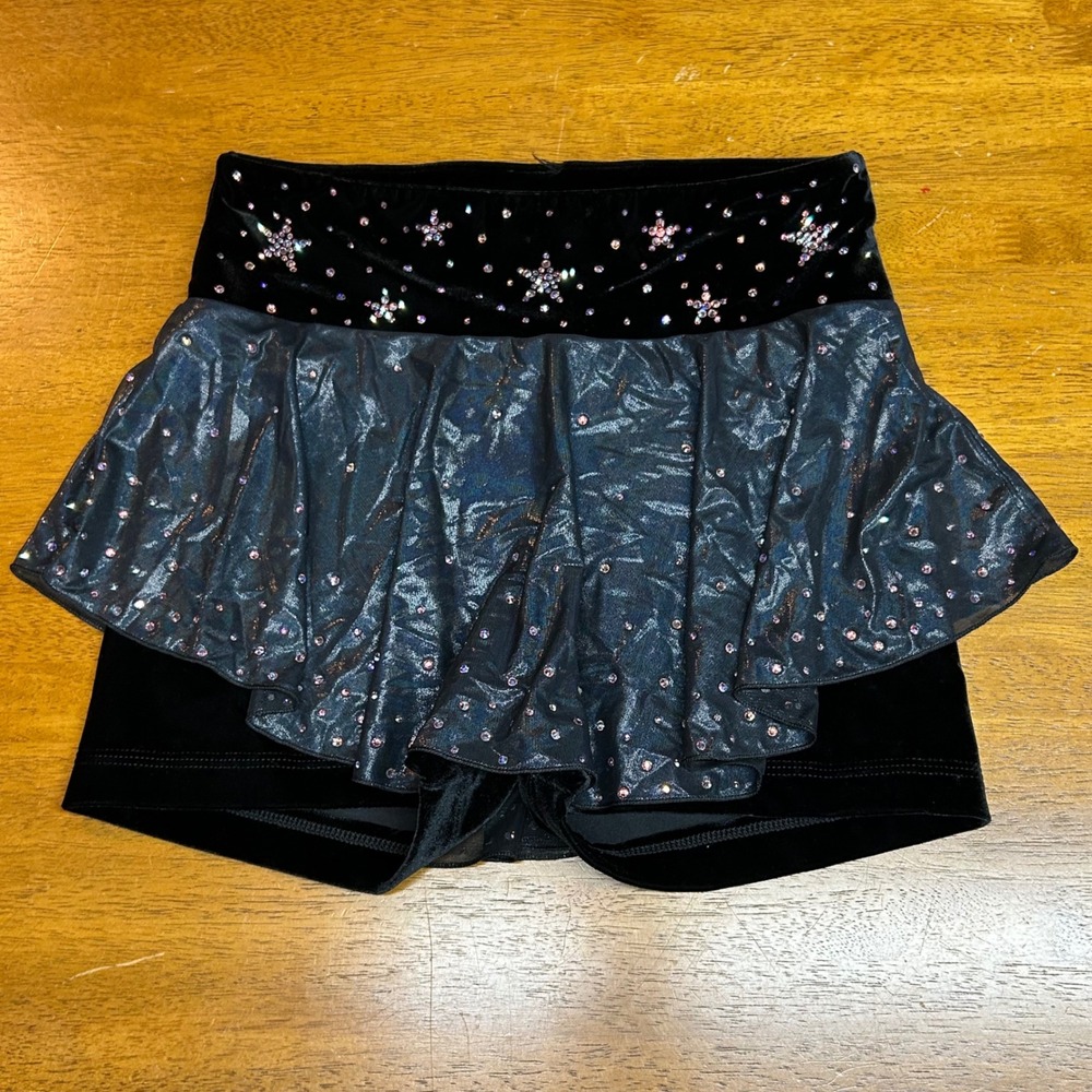 GK Elite Sportswear Black Velvet Rhinestone Star Dance Skort Shorts Adult Medium